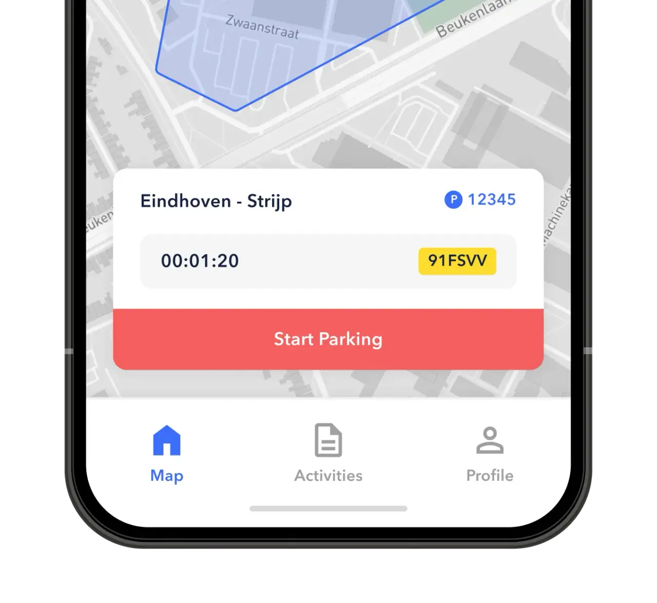 SimplePark app screen showing active parking session