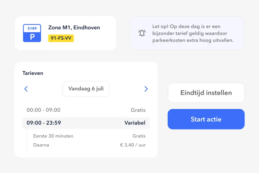 Scherm met zone, kenteken en tarieven